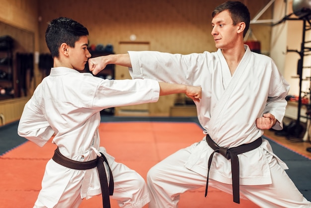 Maestros de artes marciales, práctica de defensa personal en gimnasio