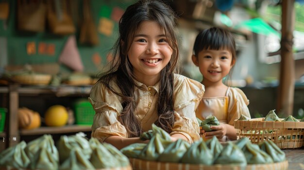 Maestros y niñas hacen albóndigas tradicionales en clase