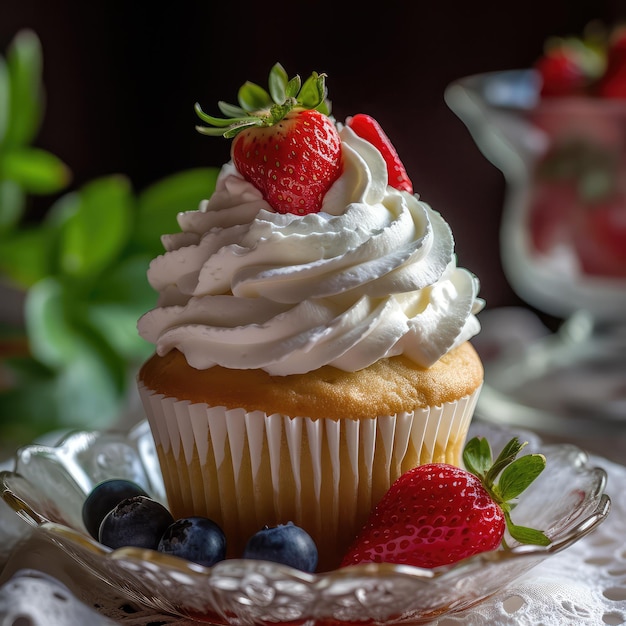 Una magdalena con crema batida y fresas encima.