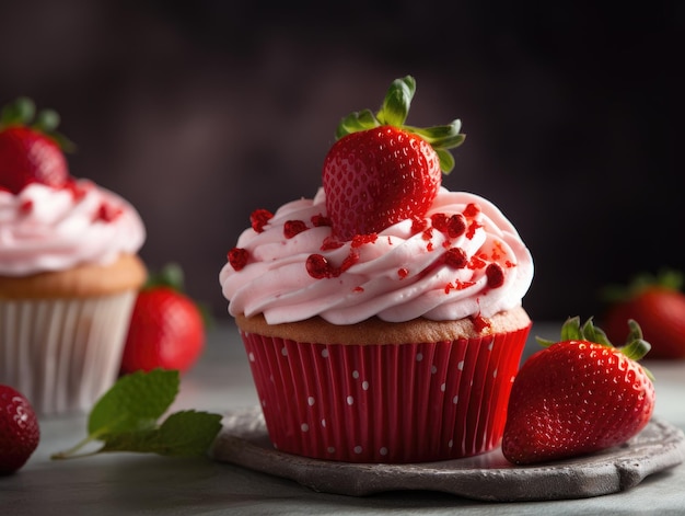 Magdalena dulce rosa casera con fresas IA generativa