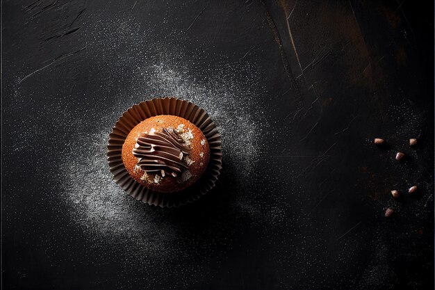 Una magdalena con glaseado de chocolate sobre un fondo negro