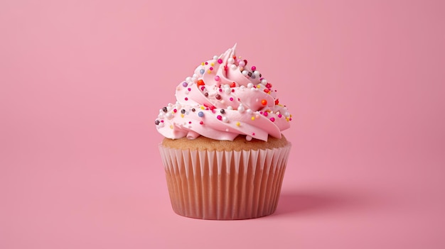 Una magdalena con glaseado rosa y chispas sobre un fondo rosa