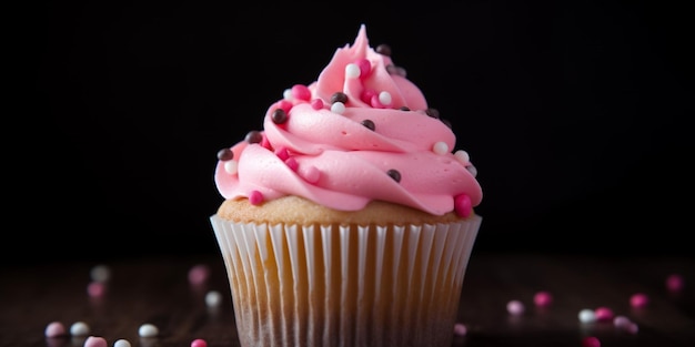 Una magdalena rosa con glaseado rosa y chispas encima