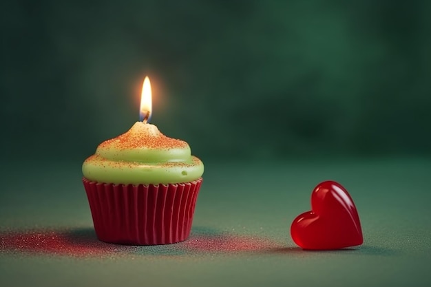 Una magdalena con una vela encendida junto a un corazón rojo.