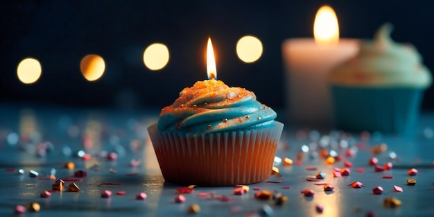 Una magdalena con velas en una mesa azul con confeti