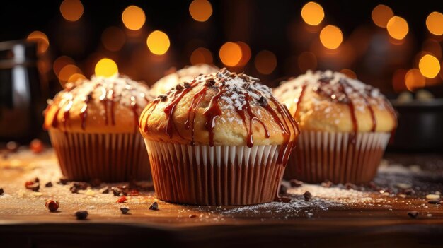 Magdalenas dulces cubiertas con chispas de chocolate con luz cinematográfica y fondo borroso