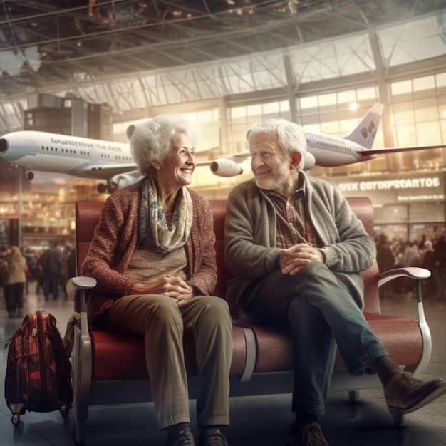 Mage de casal de idosos felizes no terminal do aeroporto