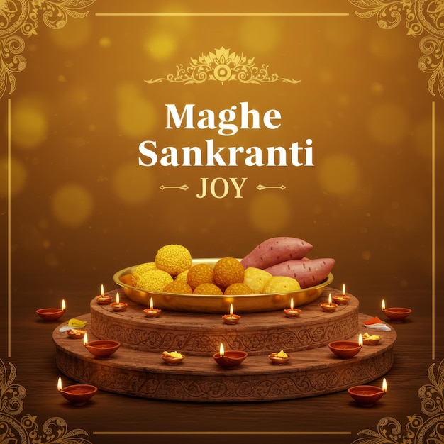 Maghe Sankranti Makar Festival Celebración Plato de comida Sésamo Ladoo Yam Patata dulce Jaggery