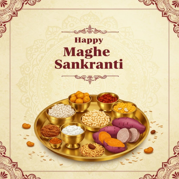 Maghe Sankranti Makar Festival Feiern Speise Teller Sesam Ladoo Yam Süßkartoffeln Jaggery