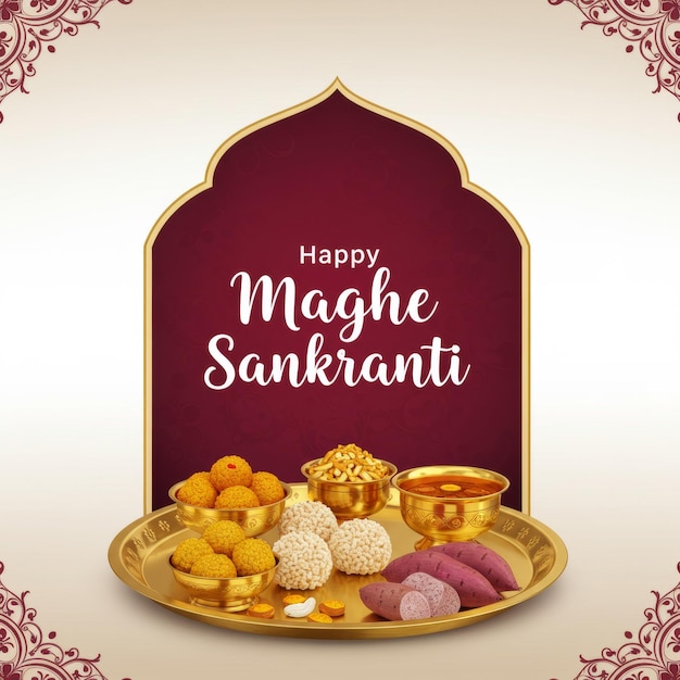 Maghe Sankranti Makar Festival Feiern Speise Teller Sesam Ladoo Yam Süßkartoffeln Jaggery