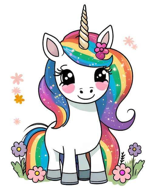 La magia del bebé unicornio con una melena de arco iris Una encantadora caricatura