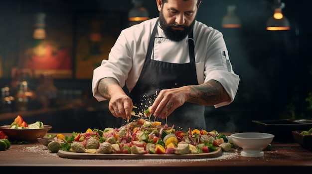 Magia culinaria cinematográfica enmarcando a un chef mexicano preparando delicias