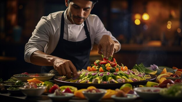 Magia culinaria cinematográfica enmarcando a un chef mexicano preparando delicias