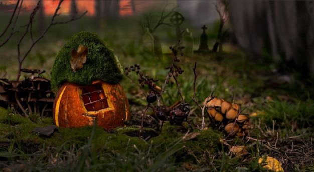 Magia de Halloween Casa de abóbora da floresta noturna com luz na janela do antigo cemitério