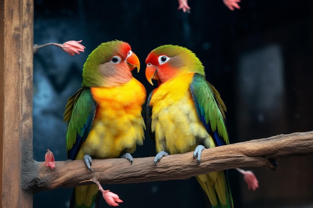 Foto magia em close-up pássaros amorosos coloridos e belos cativam o olho