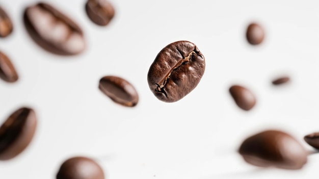 Magia encantadora Levitando grãos de café sobre um fundo branco