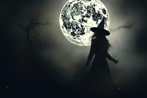 Magia hechizada mujer bruja malvada hada feliz halloween espeluznante fondo de la noche