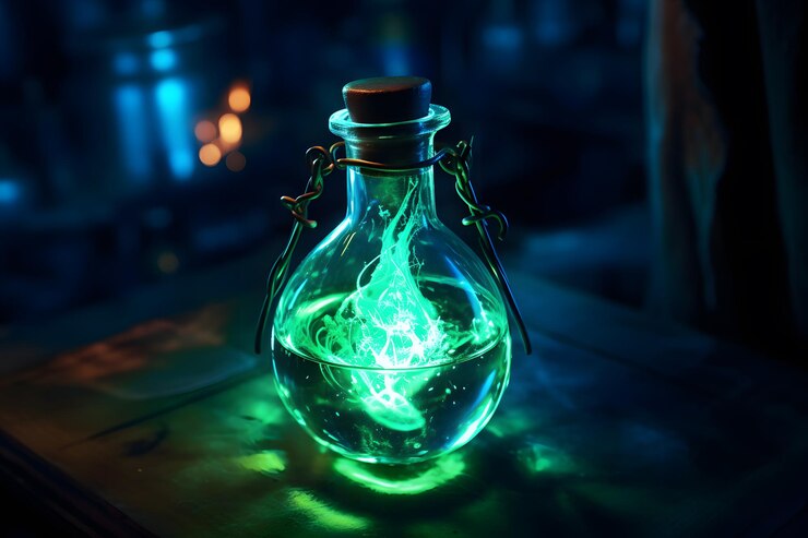 Foto magia iluminada en el frasco y la botella de poción.