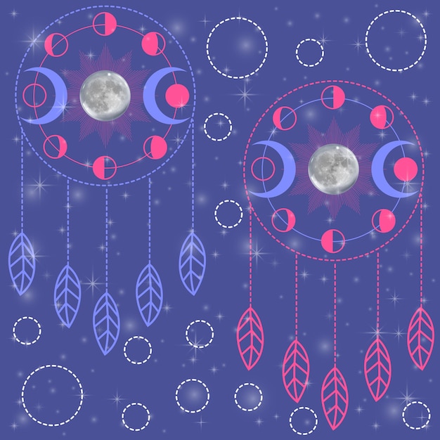 La magia de la luna, la triple diosa, el cazador de sueños en rosa y púrpura.