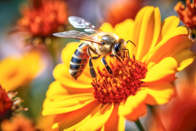 Magia macro Esta toma detallada se acerca a una abeja mientras recolecta meticulosamente néctar para mostrar de cerca el intrincado mundo de la naturaleza.