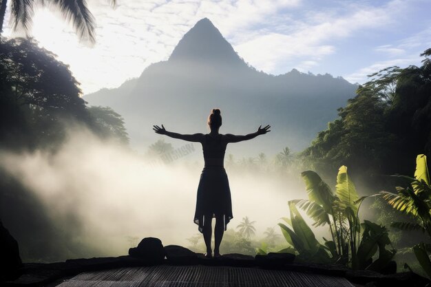 La magia de la montaña, la felicidad del yoga al aire libre en el amanecer tropical