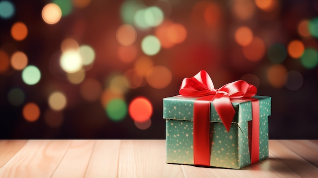 La magia de la Navidad revela una caja de regalos envuelta con cinta en una mesa de madera