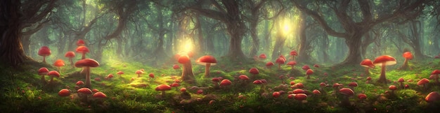 Magic Mushrooms Fliegenpilz im Wald ein fabelhaftes Dickicht des Waldes Glühende Pilze Fantasy-Moos 3D-Illustration