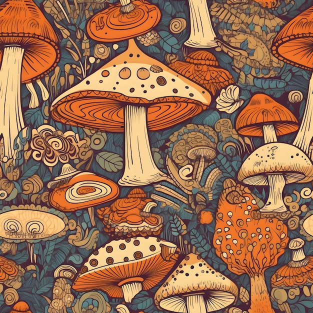Magic Mushrooms nahtlose Kachel Generative KI