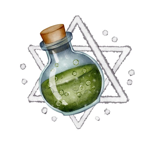 Magic potion bottle filled with green liquid and cork stopper this is a drawing created with
