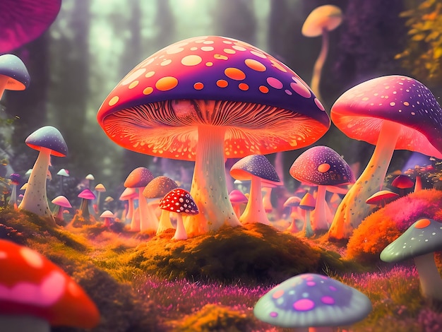 Magic Trippy Mushroom World Hermosos colores Generador de ai de alta resolución