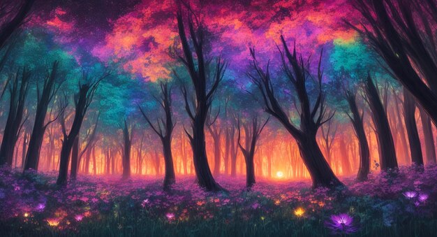 Foto magica clareira do crepúsculo cercada por flores luminescentes e pirilampos suavemente brilhantes