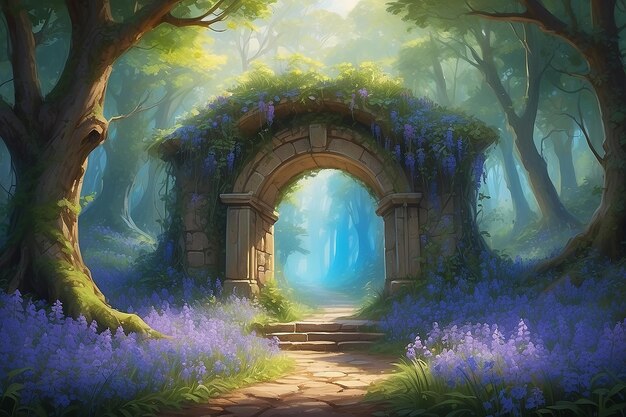 Magical Bluebell Portal Vibrant Archway Pintura digital