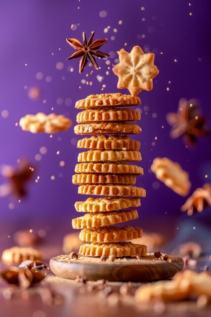 Foto magical levitating cookie tower com topo em forma de estrela e ingredientes voadores em fundo roxo