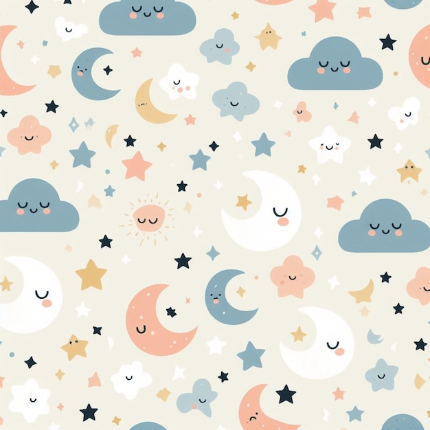 Magical Night Sky Seamless Cute Baby Pattern para ropa para niños soñadores y papel tapiz para la guardería