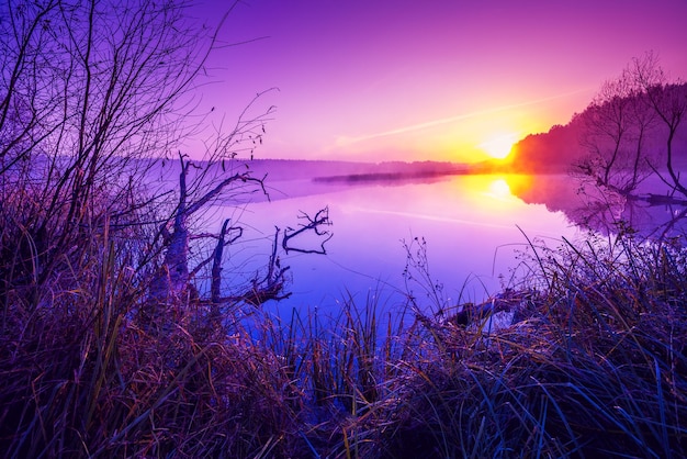 Mágico amanecer púrpura sobre el lago Misty morning Paisaje rural