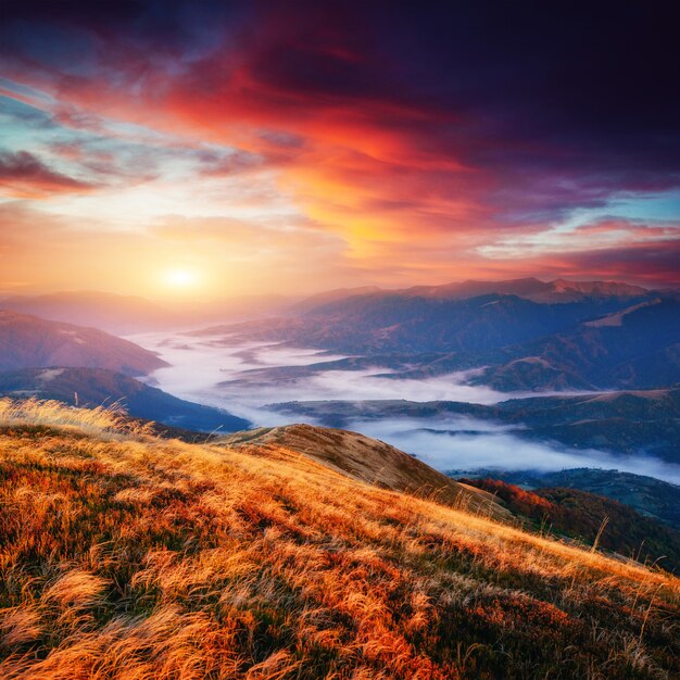 Mágico atardecer en las montañas de Ucrania