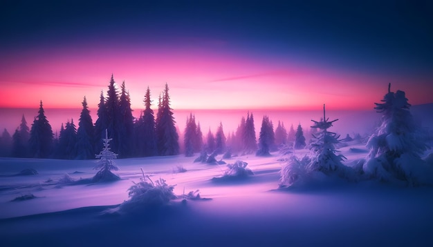 El mágico crepúsculo de invierno en el bosque nevado