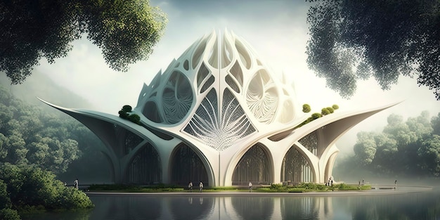 Mágico dinosaurio futurista templo biofílico biomimético orgánico fractal arquitectura brumoso entorno forestal