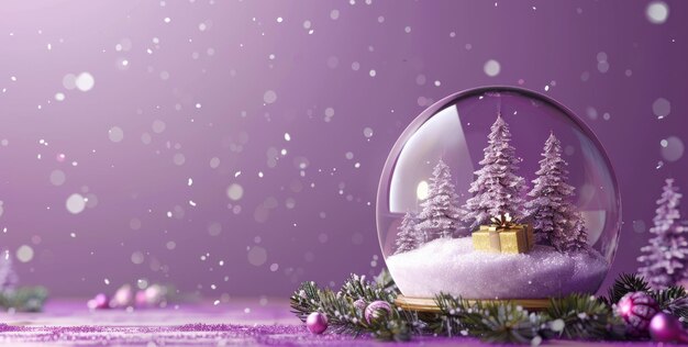 Mágico globo de nieve de Navidad con árbol decorado y regalos contra un fondo púrpura festivo