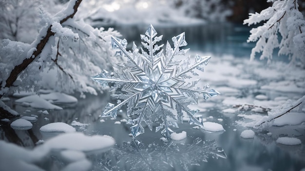 Mágico lago invernal en el centro del bosque alpino cubierto de nieve y hielo