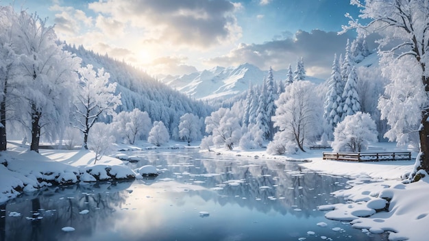 Mágico lago invernal en el centro del bosque alpino cubierto de nieve y hielo