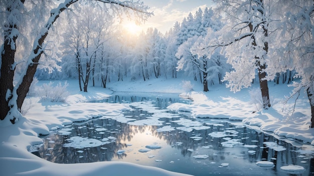 Mágico lago invernal en el centro del bosque alpino cubierto de nieve y hielo