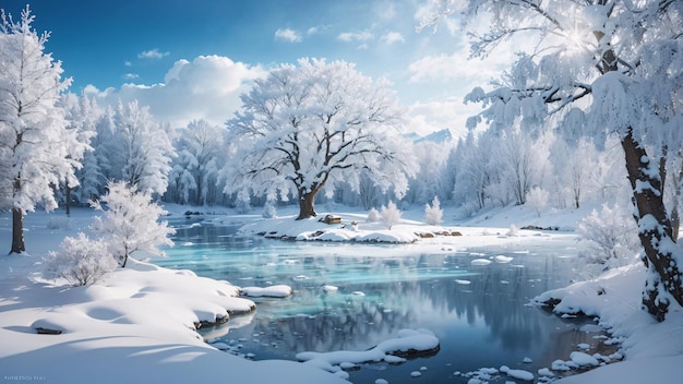 Mágico lago invernal en el centro del bosque alpino cubierto de nieve y hielo