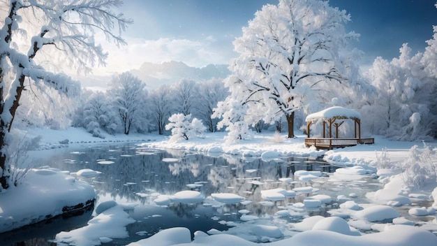 Mágico lago invernal en el centro del bosque alpino cubierto de nieve y hielo