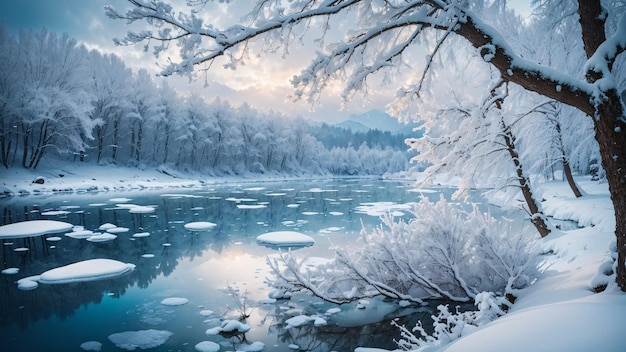 Mágico lago invernal en el centro del bosque alpino cubierto de nieve y hielo