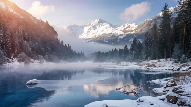 El mágico lago de invierno de Suiza en el centro de los Alpes rodeado por el bosque cubierto de nieve