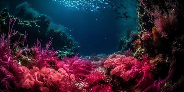 Mágico mundo submarino medusas algas todas en colores rosados biodiversidad