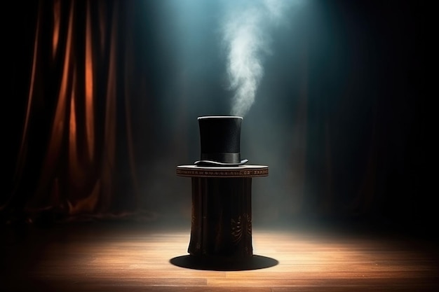 Magie-Show Top-Hut auf einem Tisch Dunkle und mysteriöse Atmosphäre Generative KI