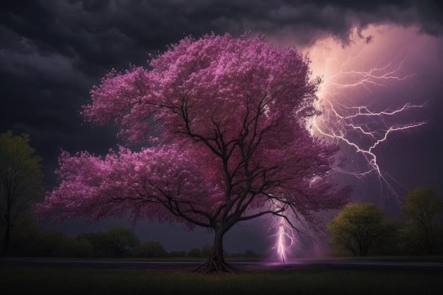 Maginficent Large Eastern Redbud Tree Lightning Dark Clouds Sky von Generative AI