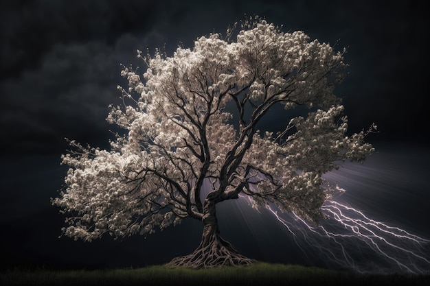 Maginficent Large Kousa Dogwood Tree Lightning Dark Clouds Sky von Generative AI